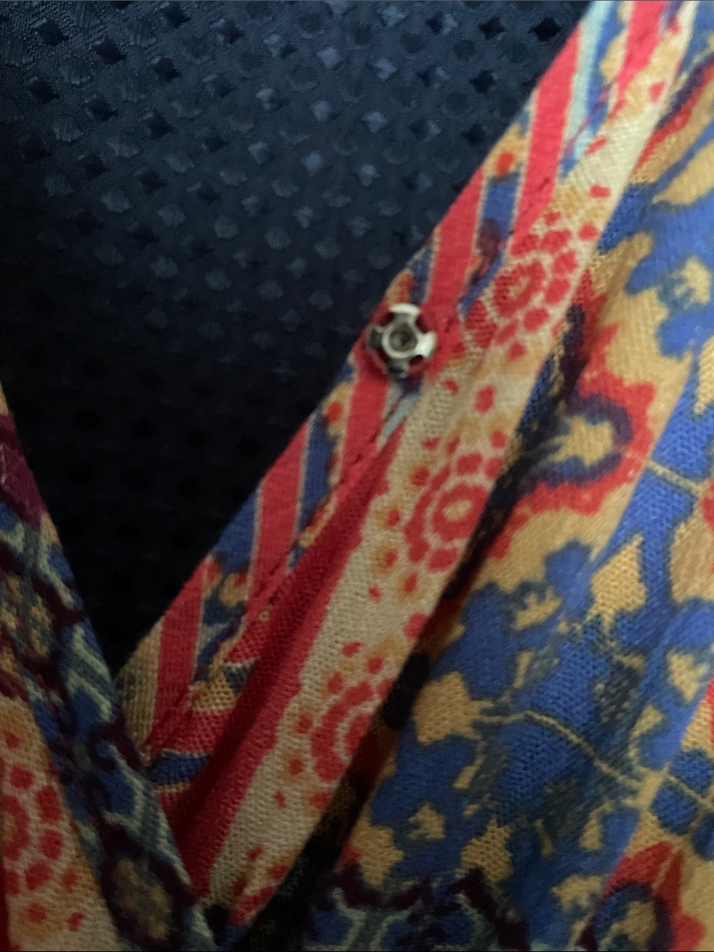 Patchwork Print Long-Sleeve V-Neck Dress in Red & Blue - Picture 6 of 15